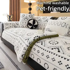Pet-Friendly Sofa Cover Cushion, Sofa Slipcover, 1Pc Boho Tribal Pattern Couch Protector, Thick Plush Sofa Blanket, Anti-Slip Sofa Mat, Scratch-Resistant, Machine Washable Living Room Decor, Fits 1/2/3 Seater Sectional, All-Season Furniture Cover