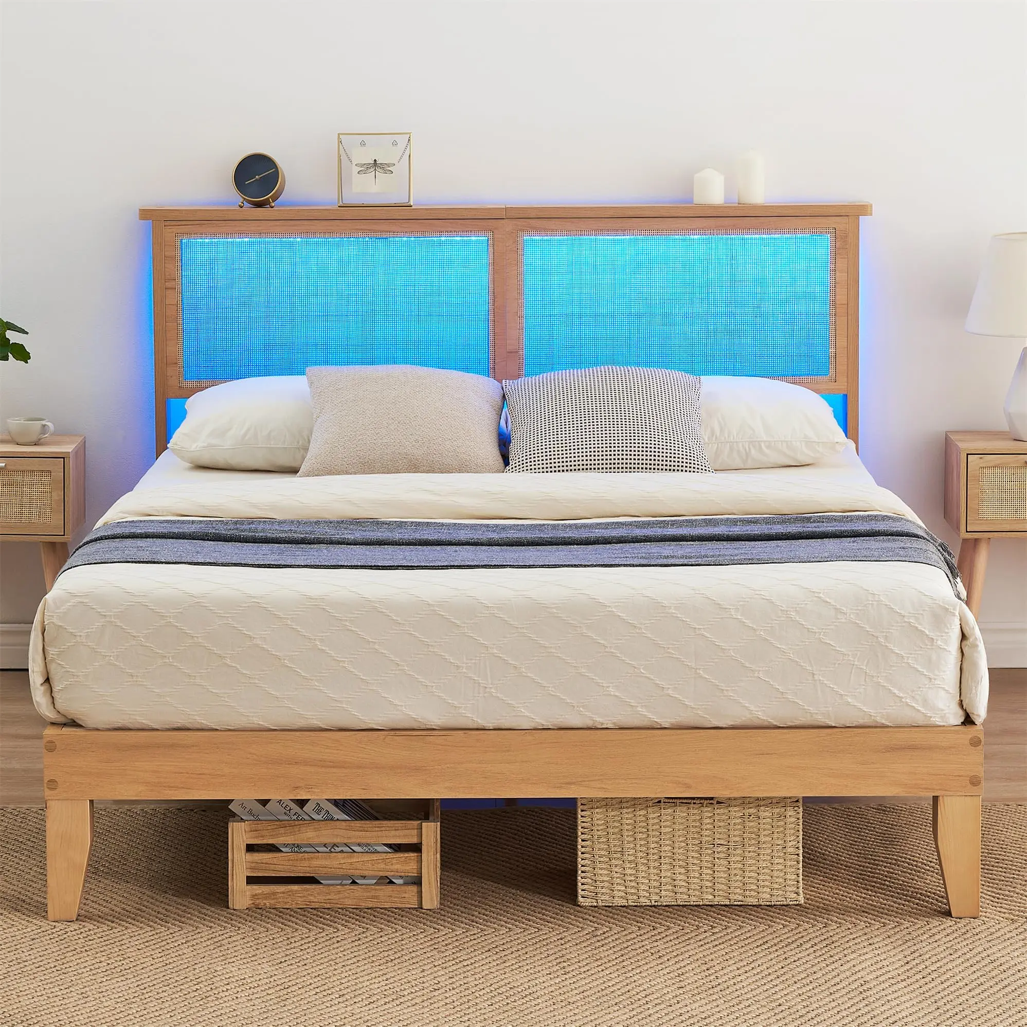 Full Size Cane Bed Frame with LED Lights, Natural Rattan Headboard, Full Platform Bed with Under-Bed Storage, Noise-Free Mattress Foundation