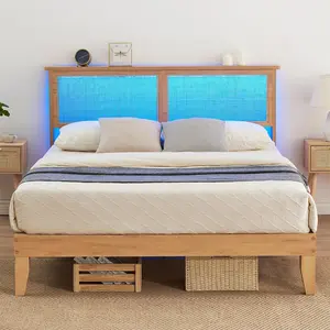 Full Size Cane Bed Frame with LED Lights, Natural Rattan Headboard, Full Platform Bed with Under-Bed Storage, Noise-Free Mattress Foundation