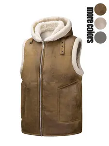 Men's Solid Zip Up Fuzzy Trim Vest Jacket, Loose Casual Pocket Design Sleeveless Outerwear for Fall & Winter,   Fleece Lined  Waistcoat, Sleeveless Gilet, Men's Clothes for Daily Wear
