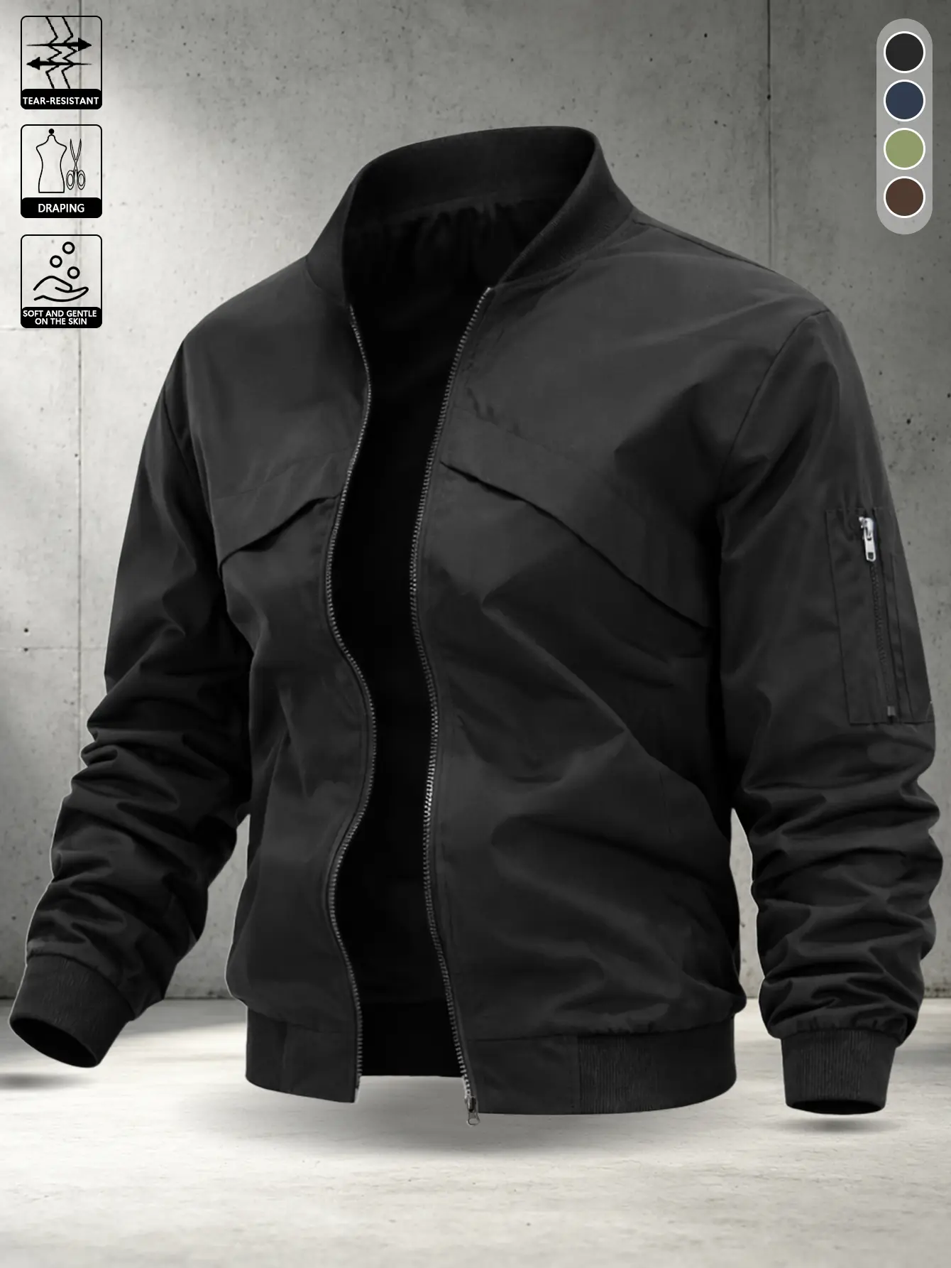 Men’s solid-color stand collar aviator jacket with single-arm zippered pocket design and ribbed cuffs with full zip closure. Suitable for everyday driving, sports, and outdoor wear. Available in multiple colors.