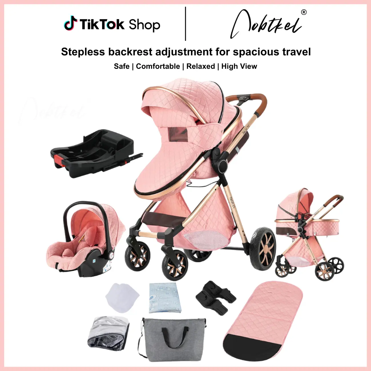 AOBTKEL 4-in-1 Folding Newborn Wagon Stroller, Pink Lightweight Baby Travel Gear with Portable Bassinet, Sun Canopy & Rubber Wheels, Newborn Baby Stuff