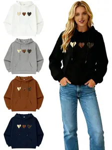 Women's clothing Heart & Patchwork Print Pullover, Casual Wear with Drawstring Hood & Relaxed Fit, Machine Washable, Waffle Fabric Women's Fashion Hoodie,Sweatshirt for Women,Winter Outfits for Women