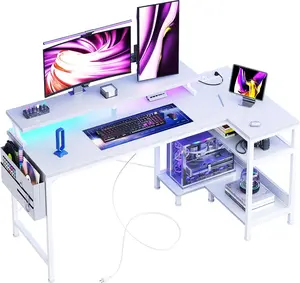 L Shaped Computer Desk with Power Outlets & USB Ports, 40"/48" Reversible Corner Desk with LED Lights, Storage Shelves & Monitor Stand for Home Office & Study, Black / White