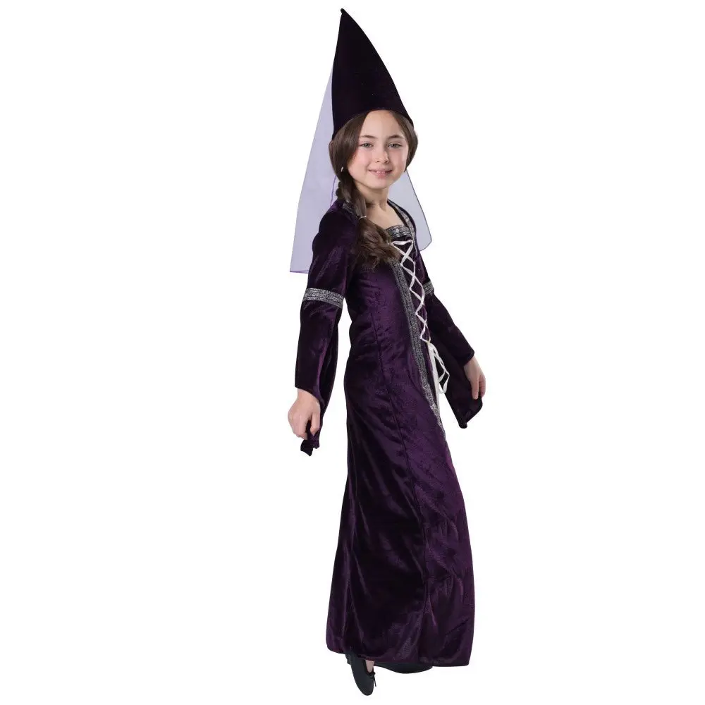 Medieval Princess Costume For Kids & Toddlers - Purple Velvet Dress with Lace-Up Front & Matching Hat Costume Set - Girls Party Dress - Perfect For Halloween, Pretend Play & Costume Party