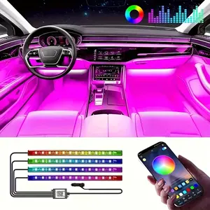 Car LED Strip Lights 4Pcs 48 LED Interior Multicolor Music Car Strip Light Under Dash Lighting Kit with Sound Active Function Remote Controller DC 12V Dual Mode RGB Foot Lights