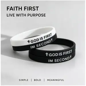 Christian Cross Silicone Wristbands Set - "God Is First I'm Second" Inspirational Minimalist Black White Jewelry Gift for Adults (Church Baptism Use)