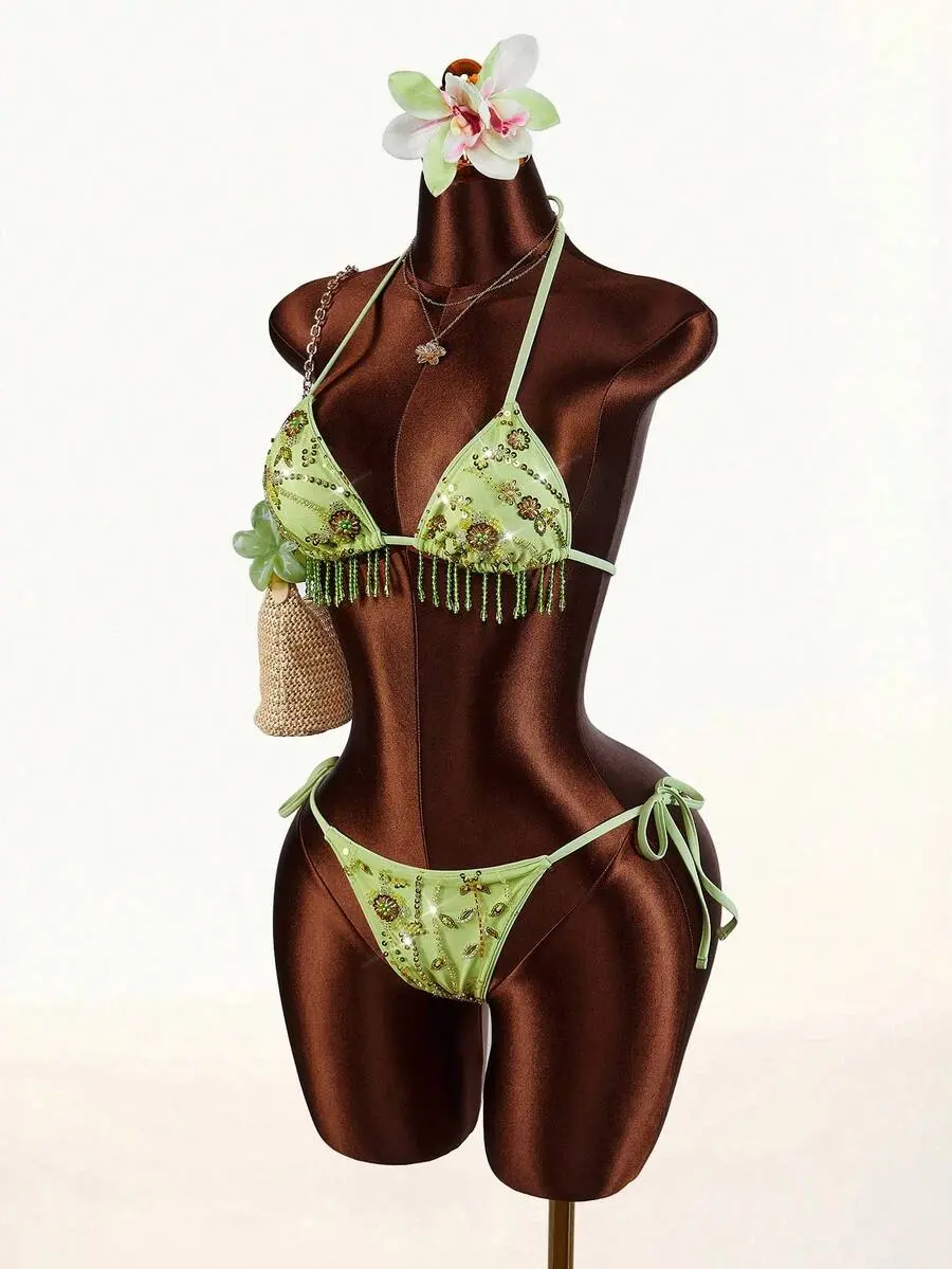 Women's 2026 New Sequin-Embroidered 2-Piece Bikini Set, Tassel Hem Tie Neck Backless Swimwear, Ideal for Beach Holiday, Backless Bikini, Sequin Embellished