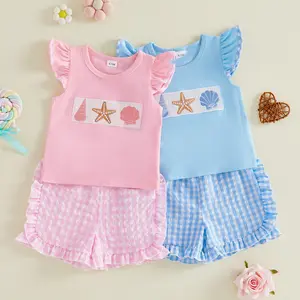 Canrulo Toddler Baby Girl Summer Outfit Ruffle Sleeve Seashell Embroidery Top Gingham Shorts Set 2pcs Infant Beach Clothes