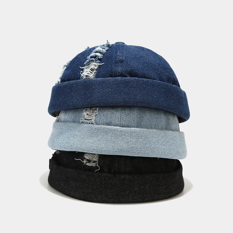 Broken Hole Denim Docker Cap, Unisex Casual Street Hat with Adjustable Back Strap Design, Durable 100% Cotton, 54-60cm, Baseball Cap, Buckle