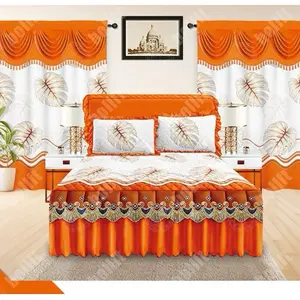 5 pcs Bed Skirts Set - Orange Color with Leaf Pattern - Decorative Bed Skirts for Bedroom