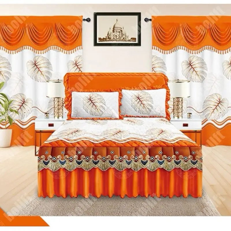 5 pcs Bed Skirts Set - Orange Color with Leaf Pattern - Decorative Bed Skirts for Bedroom