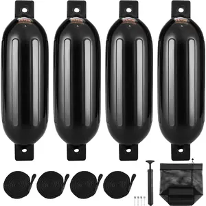 VEVOR Boat Fenders, 5.5" x 20" Boat Bumpers for Docking, Inflatable Ribbed Fender with Center Holes, Marine Boat Dock Fender Bumper with Air Pump, 4 Needles and 4 Ropes and Storage Bag, Black