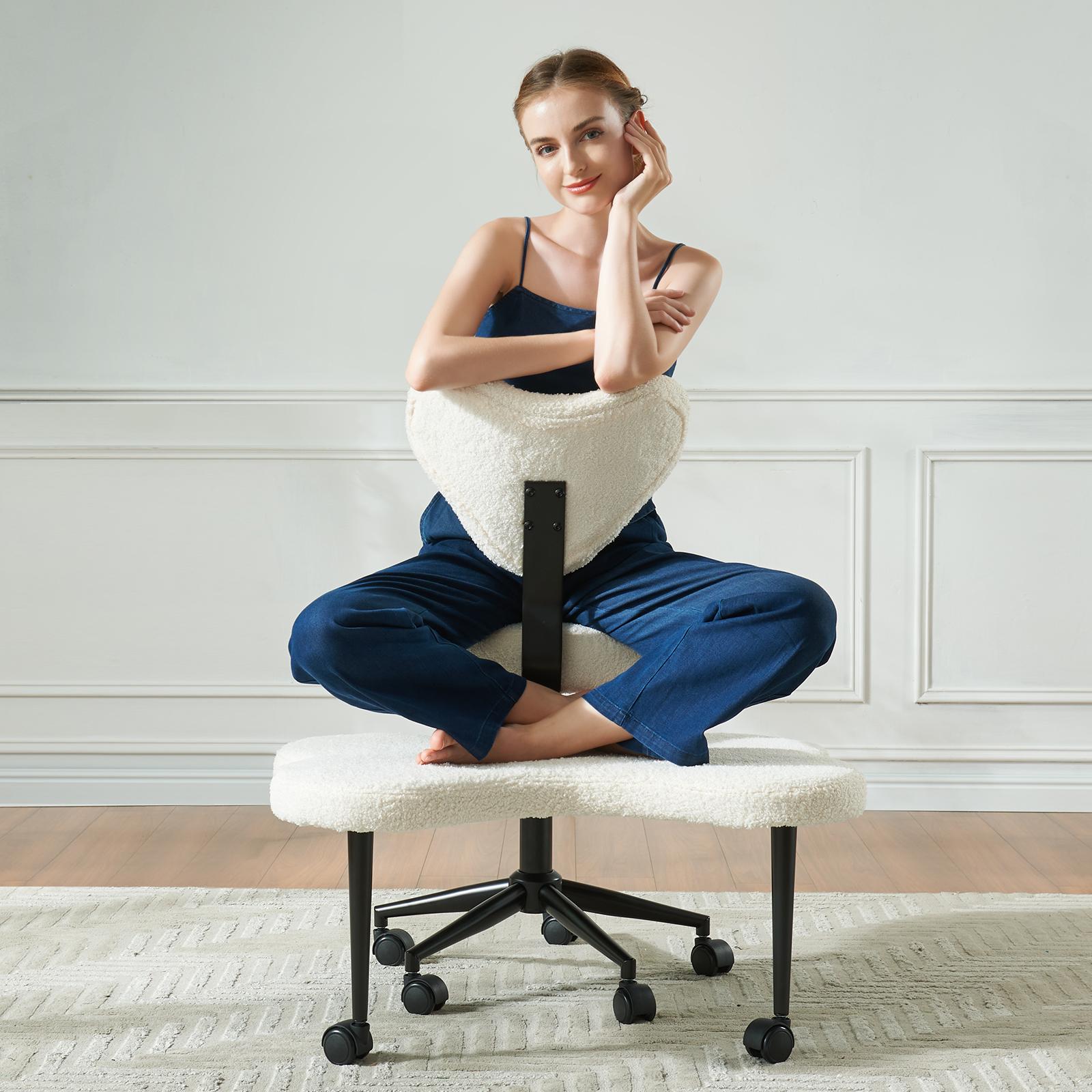 Pinmoco Modern Cross-Strap Ergonomic Cross-Leg Chair - Armless, Heart-Shaped Backrest, Double-Layer 360° Swivel Seat, Height-Adjustable Plush Fabric Pink Home Office Furniture for ADHD, Meditation, Alleviate Mental Stress, Assembly Required