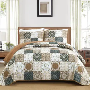 Brown Quilt Set  Size, Boho Plaid Patchwork Bedspreads Coverlet Set, 3 count Soft Lightweight Microfiber Quilt Bedding Set for All Seasons 110"x90"