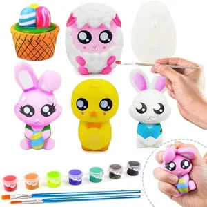 6 Pcs Easter Squishy Toy Coloring Craft Kit Easter DIY Paint Your Own Squishy Toy Kit Animal Character Including Paints and Brushes for Egg Hunt, Basket Stuffer, Party Favors
