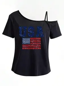 One-Shoulder Short-Sleeve T-Shirt, American Flag, Patriotic Print Fashion Top, Asymmetrical Shoulder Strap, Sexy Off-Shoulder Fashion Outfit, Casual And Comfortable 2026Women's Plus Size T-Shirts