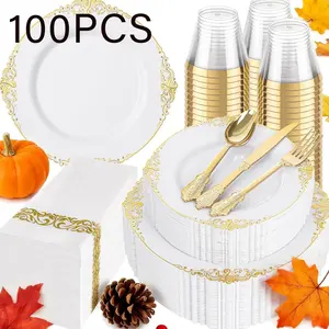 100 Piece and Gold Plastic Plates Set, Elegant Disposable Dinnerware Includes 10.25 Inch Dessert Plate, Forks, Knives, Spoons, Napkins, Disposable Tableware