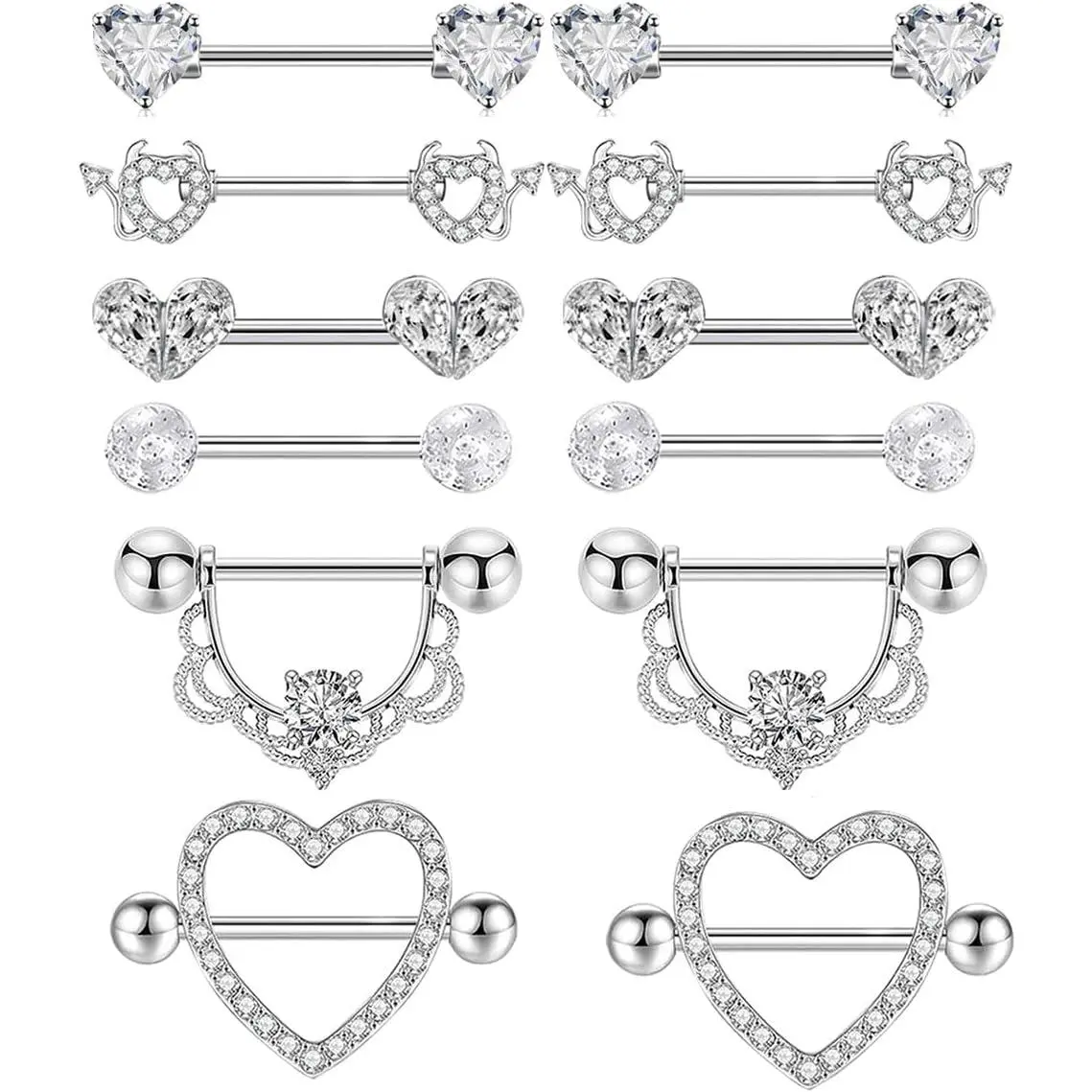 6 Pairs Nipple Rings Stainless Steel Heart Butterfly Moon Flower CZ Stud Barbell Tongue Rings Set Cute Nipplerings   for Women  Tone