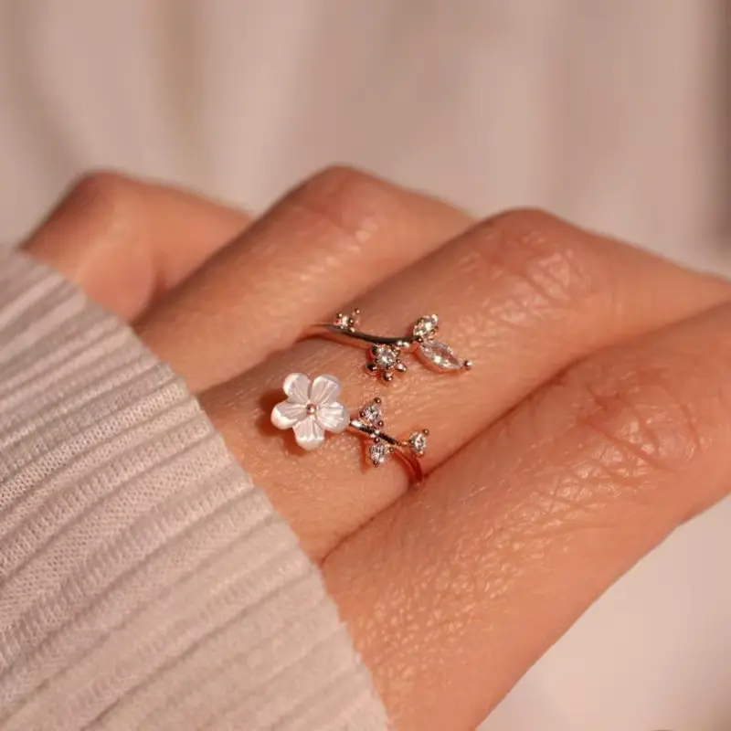Birth Flower Ring 925 Sterling Silver Valentine's day gift Mother of Pearl Sakura Rings Adjustable Delicate