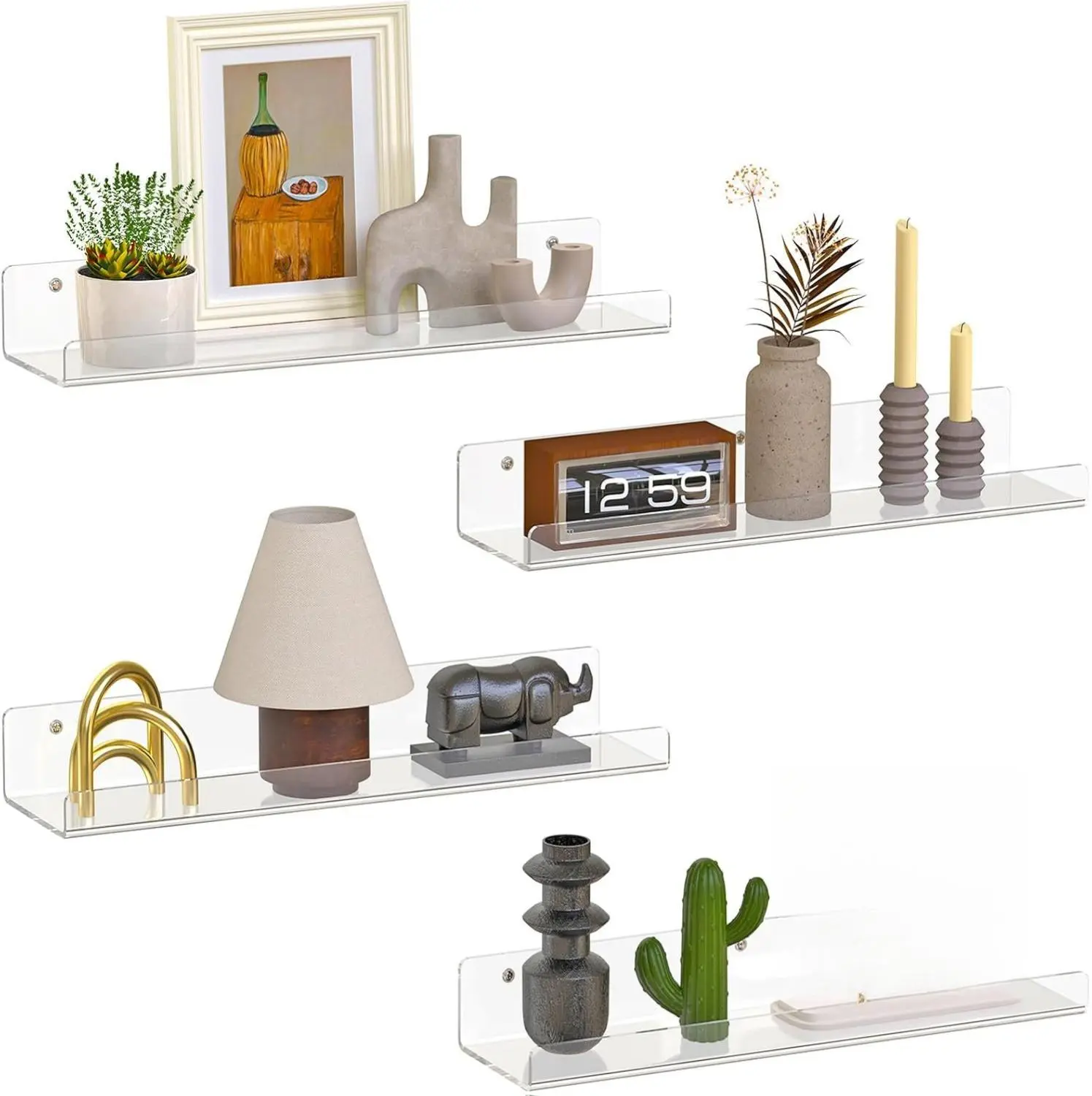 4 Pack Floating Shelves for Wall, 15" Clear Book Shelf, Acrylic Floating Wall Shelf, Display Shelves Organizer for Bathroom, Classroom, Bedroom, Living Room, Kitchen, Room Decor