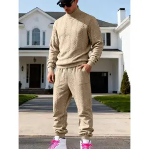 Men's Textured High Neck Casual Set, Winter Thick Knit Sweater & Pants, American Style Commuter Sports, Comfortable Fit