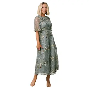 Arabella Embroidered Tulle Maxi Dress | Dusty Blue Floral