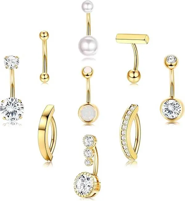9 Pcs Gold Plated Floating Belly Button Ring Navel Piercing Jewelry | 14G Surgical Stainless Steel Belly Button Piercing CZ Heart Clicker Navel Ring Pack Non Tarnish Thin Small
