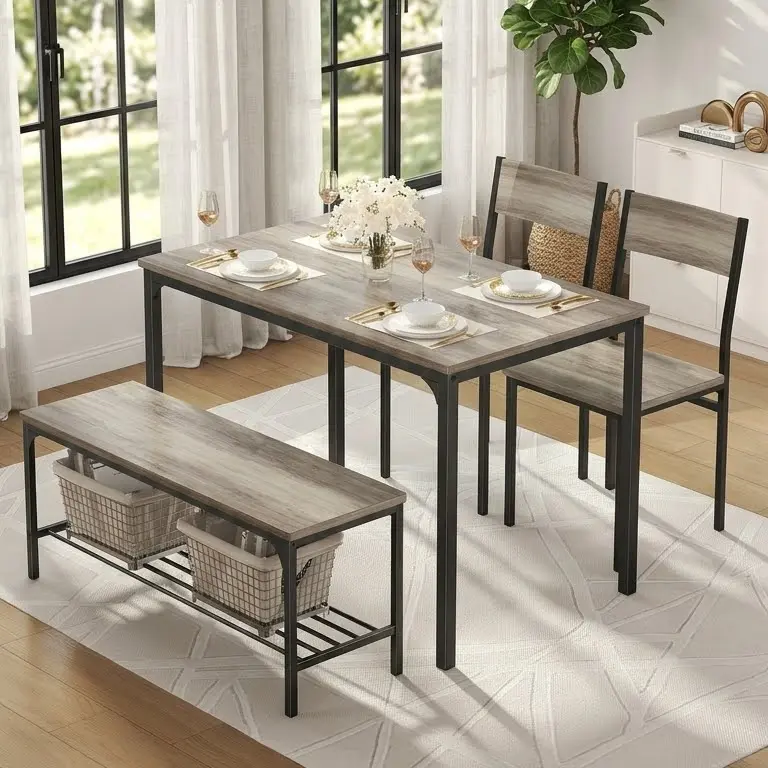 Kitchen Table Set with Benches, Dining Table for 4 Person, Wooden Dining Set for Small Space, Modern Table Set for Apartment Dining Room