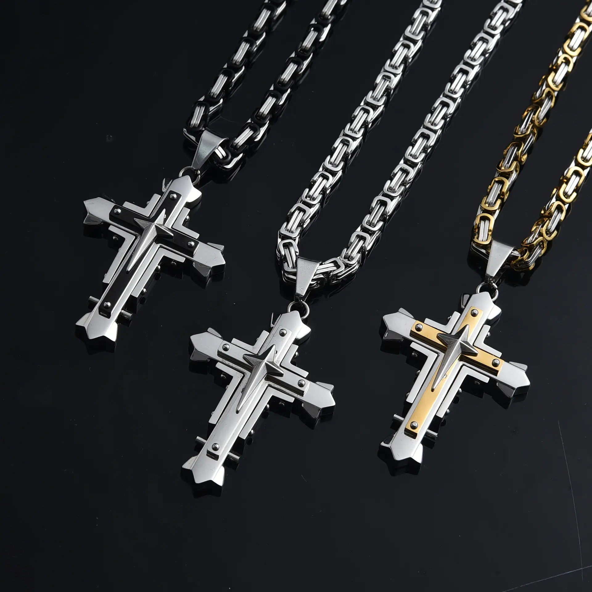 Men's fashion stainless steel three-layer cross pendant necklace, personalized for men, 24-inch Cuban chain, men's religious jewelry gift Gold Plated Crucifix