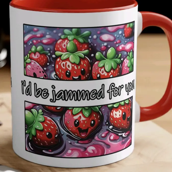 Kawaii Strawberries "I'd Be jammed For You" Original Art on Coffee Mug. Gift for Valentines Day. Cute Strawberry on a Cup. Lead BPA Free