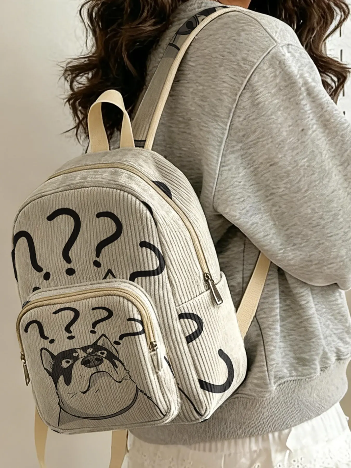 1 piece of 2D printed lady's backpack with a puzzled husky pattern, velvet texture + layered storage + light weight reduction | Suitable for students to go to class/shopping/short trips | Combines atmosphere with practicality