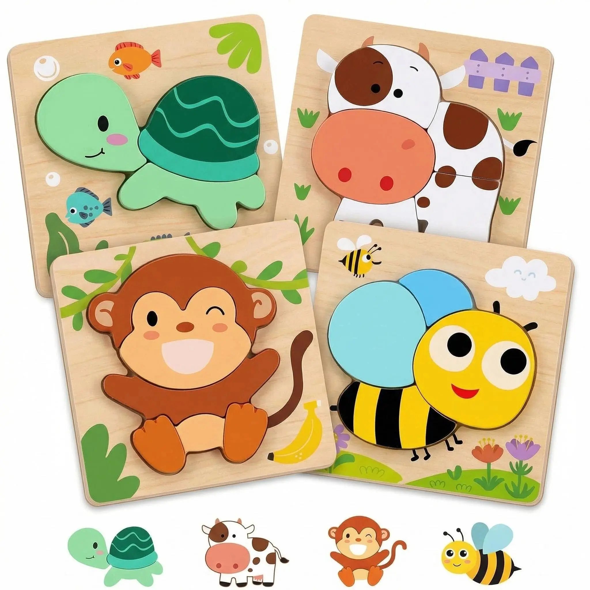 Solid Wood Animal Shape Recognition Puzzles for Toddlers 1-4, 4-Pack Unisex Bright Beginner STEM Montessori Toys with Jigsaw Pieces, Educational Learning Toys for Patience Building, Holiday & Black Friday Gifts