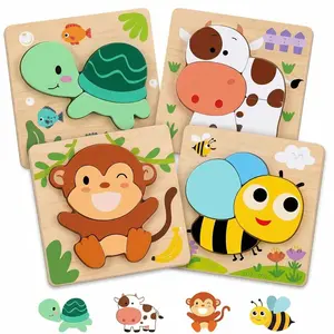 Wooden Puzzle for Toddlers: 4-Piece Animal-Shaped Puzzle Set—Montessori Toy, Educational and Brain-Boosting Toy for Boys and Girls
