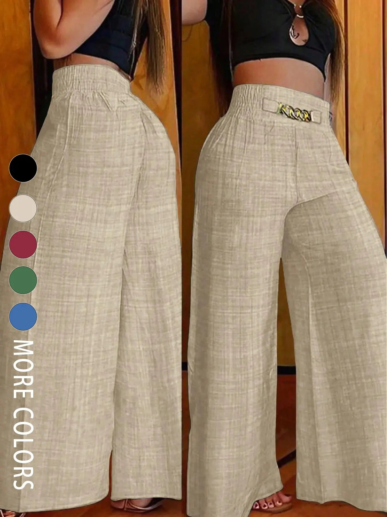 Women's Solid Color High-Waisted Pants, Casual Stretchable Loose-Fitting Wide-Leg Trousers, Versatile Basic Suitable for All Occasions Womenswear, Casual Lounge Pants