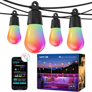 Lepro ZB1 AI Smart Outdoor String Lights APP Control, 54(42+12) ft RGB + IC +Warm White Waterproof Connectable Outdoor Strip Lights 15 LED Bulbs, Alexa Google Enabled, AI Generated Lighting LLM, NO Remote, 2.4 GHz WiFi+ Bluetooth