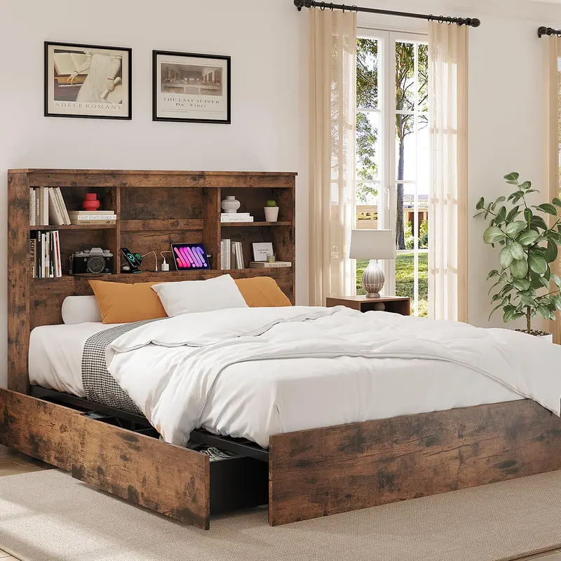 King/ QUEEN Size Bed Frame with High Storage Bookcase Headboard, Wood Bed Frame with 4 Storage Drawers, Built in Charging Station,No Box Spring Needed