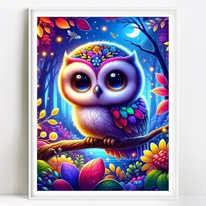 Cute Owl 5D Diy Diamond Painting Without Frame, Tool Kits Full Round Diamond Mosaic Art Craft Magic Forest Wall Decor Gift