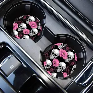 Car Coaster, Skull & Rose Pattern Non-slip Car Cup Mat, Waterproof & Scratches Practical Car Interior Teacup Mat for Car