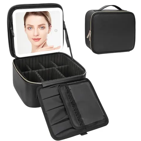Makeup Bag with LED Mirror, Small Travel Makeup Case with Rechargeable Lighted Mirror 3 Color Lights, Double Layer Cosmetic Box Makeup Brush Lipstick Holder Organizer for Women, Black