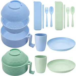12 count Microwave Ramen Cooker Set Microwavable Wheat Straw Dinnerware Sets with 40oz Ramen Bowl, Plates, Cups and Cutlery Box, Dishwasher Safe Camping College Dorm (Light Blue,Light Green)