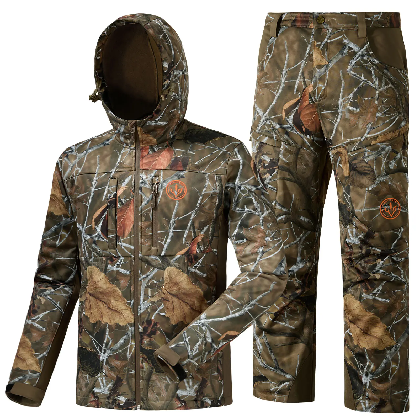 BASSDASH Men’s Insulated Hunting Hoodie Jacket and Pants Suit Softshell Camo Quiet Water Resistant Fleece-Lined Warm Coat