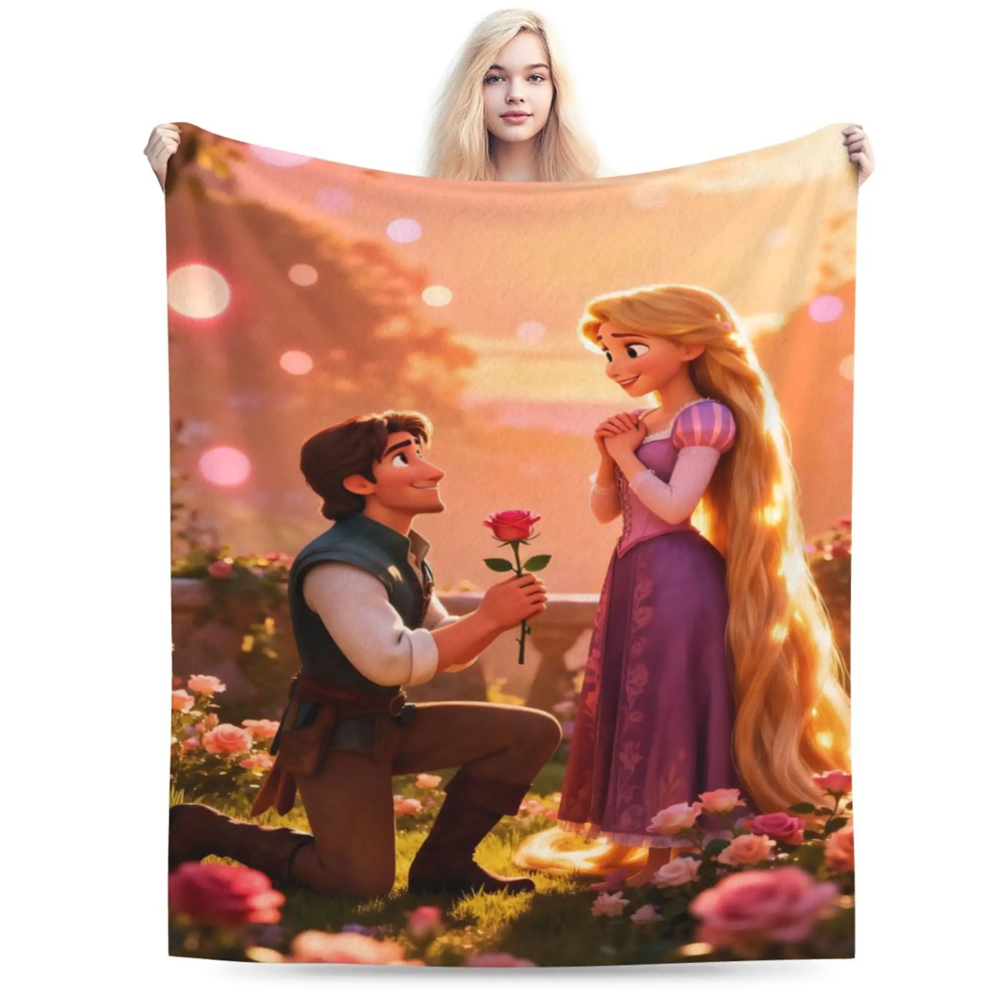 [SummerVibes] DISNEY CLASSIC Rapunzel and Flynn Rider Throw Blanket – Romantic Tangled Scene with Rose Proposal, Sunset Garden Background, Soft Fleece Blanket for Kids or Bedroom Decor
