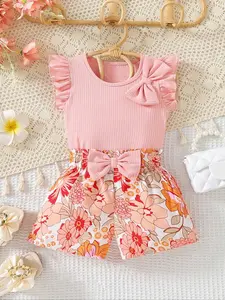 Baby Girl casual little fly sleeve bow top and floral print shorts set, suitable for holiday summer, Baby Girl cute bow top and floral print shorts set, suitable for outdoor travel, Baby Gir ladies' casual wear, Baby Clothing