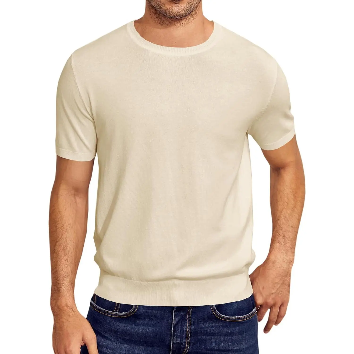 PASLTER  Mens Short Sleeve Knit T-Shirts Crew Neck Slim Fit Stretch Pullover Sweater Casual Solid Basic Knitwear G2K153 Menswear Tops