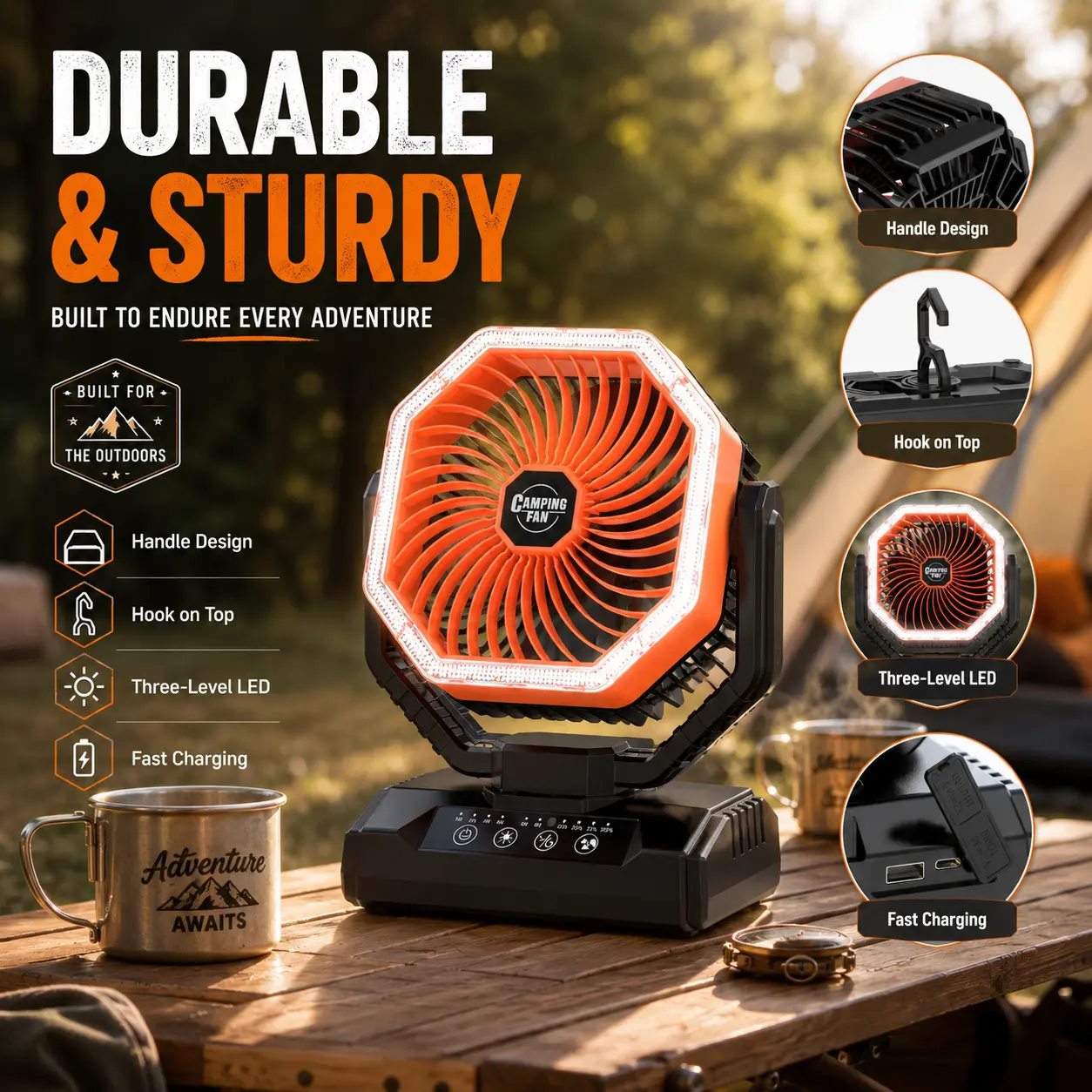 20000mAh Portable Outdoor Oscillating Fan with Remote, 4 Adjustable Speeds, Timer, LED Light, and Phone Power Bank Function for Camping, Barbecue