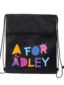 Whimsical A For Adley Character Letter Pattern Drawstring Zipper Bag Black Nylon Wear-Resistant for Daily Going Out