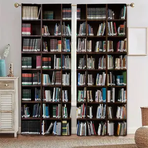 Bookshelf Design Curtain, 2 Counts Semi Blackout Curtain, Window Curtain, Home Decor for Bedroom, Living Room, Kitchen, Office