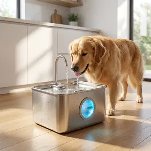 12L/3.2Gal Dog Water Fountain Stainless Steel with Silicone Mat & 3 Set Filters, DYSJ01 Dog Fountain Water Bowl for Large Dogs Cats & Multi-Pet Home with Water Level Window & LED Indicator