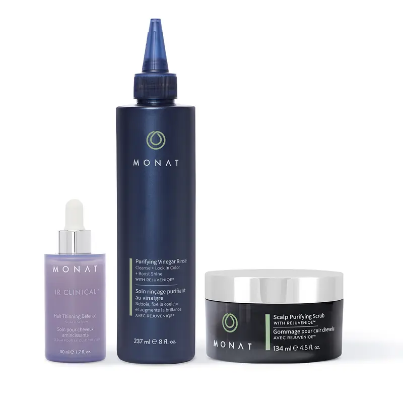 Scalp Care System. MONAT IR Clinical Hair Thinning Defense Serum + Purifying Vinegar Rinse & Scalp Scrub